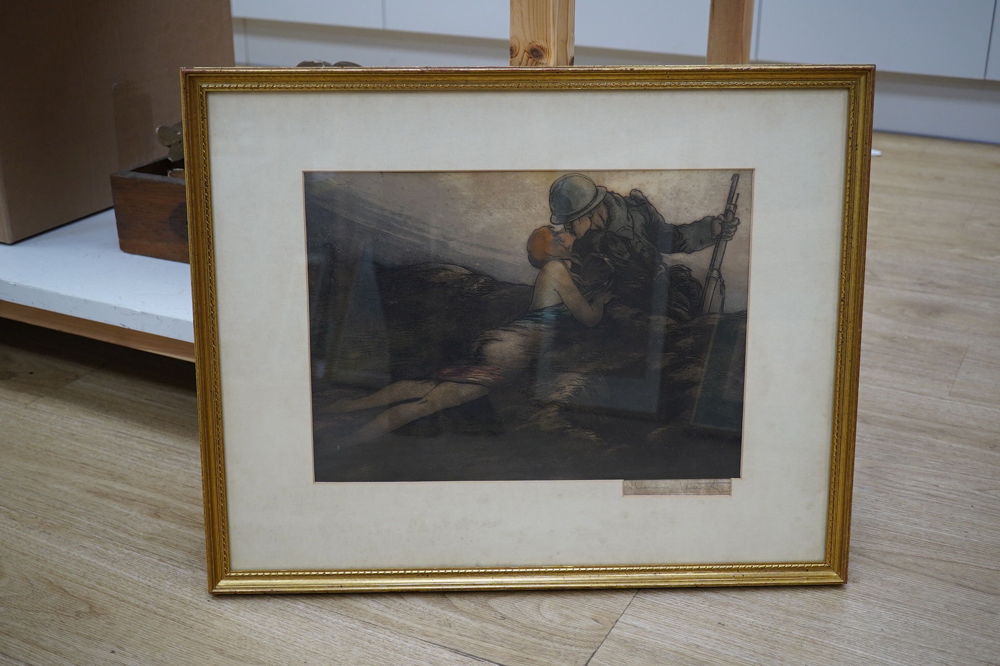 Louis Icart (French, 1888-1950), colour etching, French soldier kissing a semi nude woman, signed in pencil, details verso, 28 x 38cm. Condition - poor, discolouration throughout